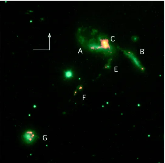 Figure 1.7: Image of HCG 31 that shows stellar continuum (green) and H↵ (orange) emission