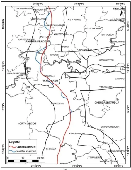 Figure 4. (a) Alignment modification of the Pennar-Cauvery link canal; (b) Alignment modification of the Pennar- Cauvery link canal