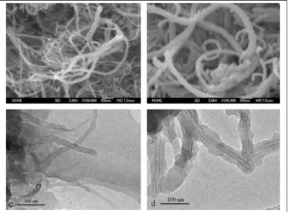Figure   2.9   Scanning   electronic   (a   and   b)   and   transmission   electronic   micrographs   (c   and   d)   of   crude   multi-­‐walled   carbon   nanotubes   (MWCNTs)   (a   and   c)   and   MWCNT-­‐molecularly-­‐imprint