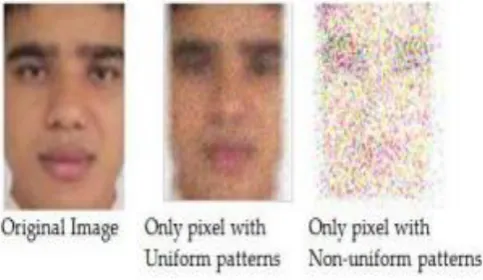 Figure 1.5: Face image split in an image with only pixels with uniform patterns and in an image with only non-uniform patterns