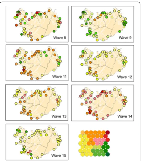 Figure 7 Clusters SxW SOM. Enhanced U-matrix, with light background colours indicating high values, dark colours indication low values andgraph lines indicating the clusters (A)