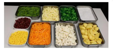 Fig. 1 Replica foods used in experiment. Clockwise from the topleft: green beans, pasta (penne), broccoli, rice, potatoes, cauliflower,carrots, sweetcorn, and kidney (red) beans