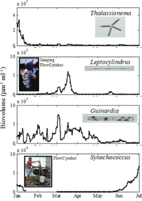 Fig. 5. Automated submersible ﬂow cytometers are being used togenerate high resolution time series of the phytoplankton commu-nity at the Martha’s Vineyard Coastal Observatory.Two instru-ments, FlowCytobot (Olson et al., 2003) and Imaging FlowCyto-bot (Ols