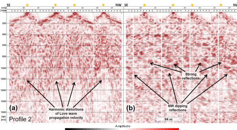 Figure 7. (a) A consecutive set of recorded shot gathers (AGC of 220 ms window; amplitude scaling and bandpass ﬁlter (18-20-76-82 Hz)applied) in the time domain in an area of good reﬂectivity along proﬁle 2 (labelling as in Fig