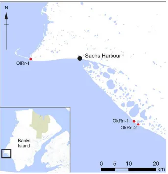 Figure 6: Map showing the locations of study sites: Cape Kellett (OlRr-1), Agvik (OkRn-1), and Seal Camp (OkRn-2) 