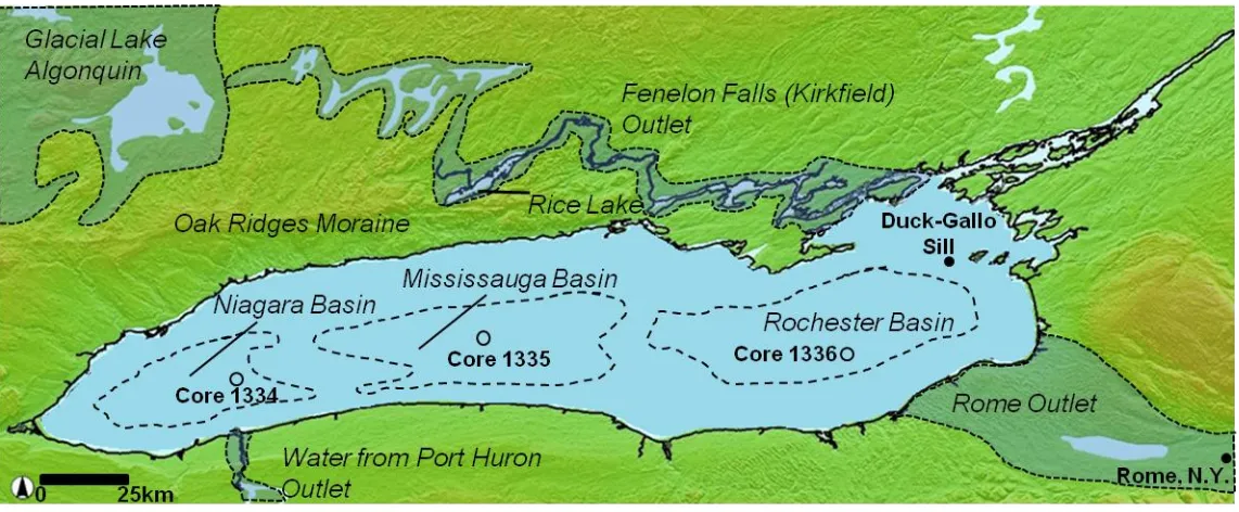 Figure 2.2. DEM Lake Ontario region showing the locations of sediment piston cores: Core 1334 (43water depth, 110.3 m; core length, 17.00 m), Core 1335 (43Core 1336 (43 24’ 23” N and 79 00’ 05” W;  33’ 19” N and 78 09’ 01” W; water depth, 192 m; core l