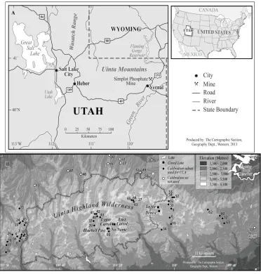 Figure 2.1.(A) The location of the Uinta Mountains in North Eastern Utah, U.S.A, and (B) topographic map of the Uinta Mountains showing the locations of the 57 study lakes