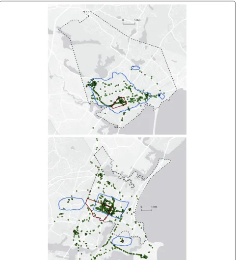 Figure 1 Example of GIS maps of neighborhood boundaries and combined GPS and accelerometer datapoints