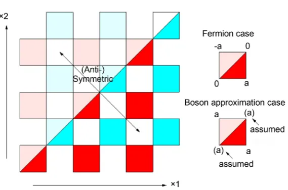 Figure 6. Fermion or “Boson approximation” in two-particle QCA. We assume that ()() for the fermion case, and ()() 