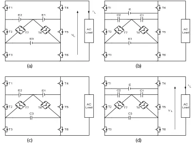 Figure 1. The proposed multilevel inverter with: (a) three DC sources required (b) two DC sources  and two capacitors required (c) two DC sources  and one capacitor required (d) one DC source  and three capacitors required  