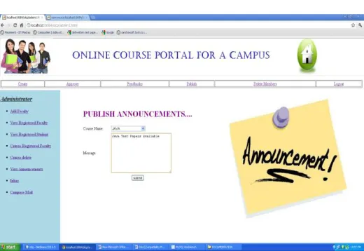 Fig 4.3 is the Administrator homepage which contains all the options to add faculty, create course, view registered faculty, compose mail ,view feedbacks 