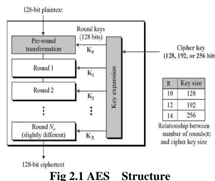 Fig 2.1 AES    Structure In fig 2.1, Unlike DES[7],, the number of rounds in 
