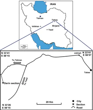 Figure 1. Geographical setting and access way to Hermez Formation in Darin section. 