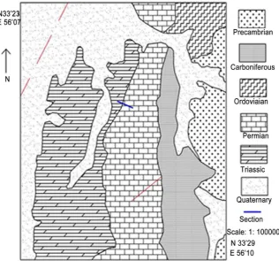 Figure 2. Satellite image of Hermez Formation in Darin section, separation of sediments age based on Tabas map (at 1:250000 scale) (Aghanabati, 1977)