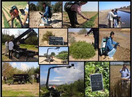 Figure 1. A set of photographs showing different arrange- ments of measurements for different land cover types, in- cluding handheld instruments and instrument mounted on fixed and mobile platforms