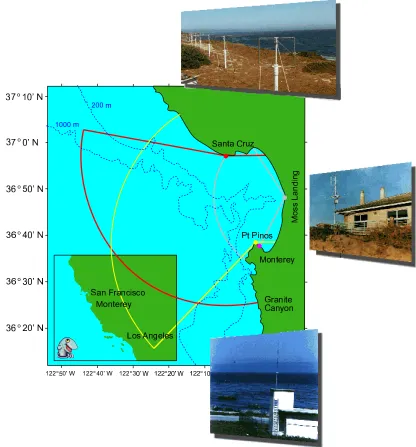 Figure 4.1: Monterey Bay HF radar network. Also shown are nominal coverage areas for