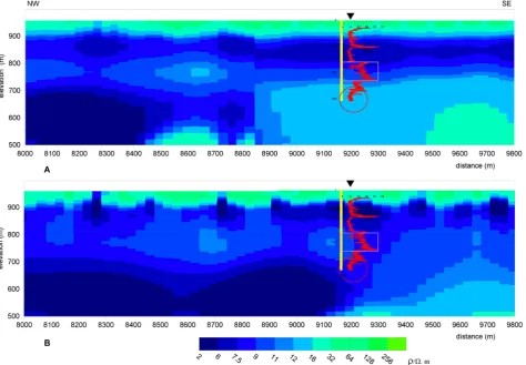 Figure 5. Resistivity models of 2D inversion with different scale models. The red cure is resistivity well-logging curve