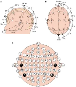 Fig. 1 The 10-20 international system seen from left (A) and above the head (B). The letters F, T, C, P and O stand for frontal,  temporal, central, parietal, and occipital lobes