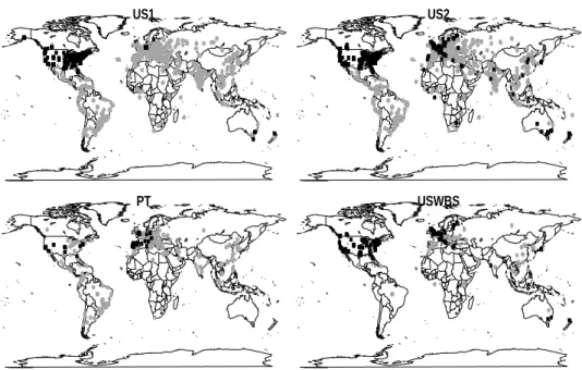 Fig. 2. Distribution of geographic IP of sender (black squares denote ham, gray circles show spam) for the used datasets