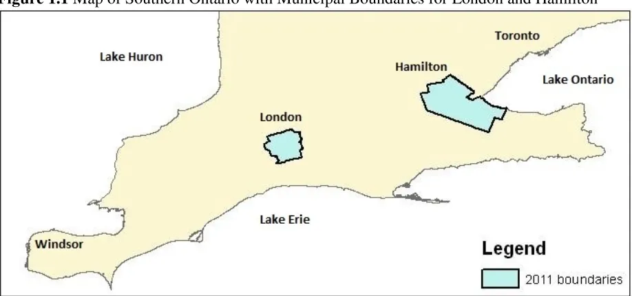 Figure 1.1 Map of Southern Ontario with Municipal Boundaries for London and Hamilton 