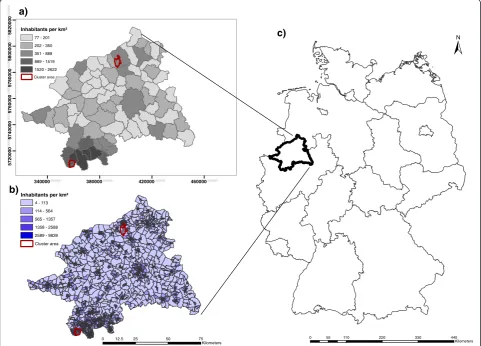 Figure 1 Overview of the study area (Regierungsbezirk Münster) with the modelled cluster areas