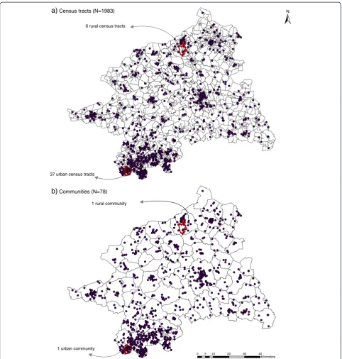 Figure 3 Spatial aggregation scales of the realised observed cases. The observed cases (Oi) were aggregated to the census tracts (a), and tothe communities (b).