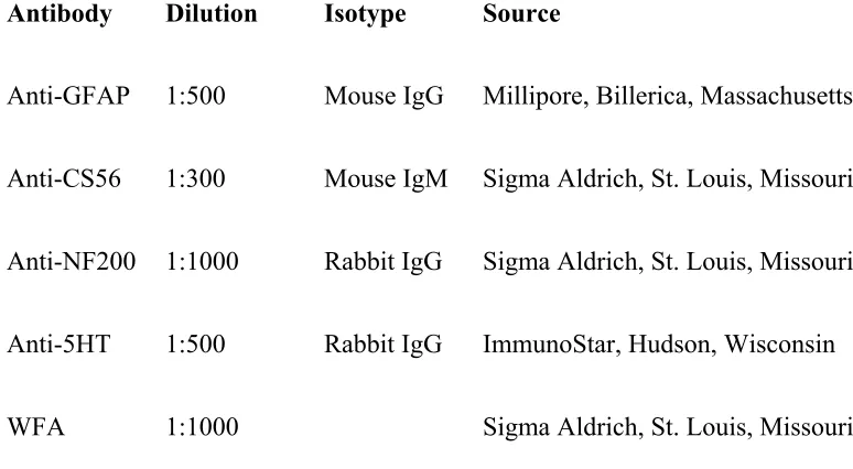 Table 2. List of primary antibodies and stains used for spinal cord staining 