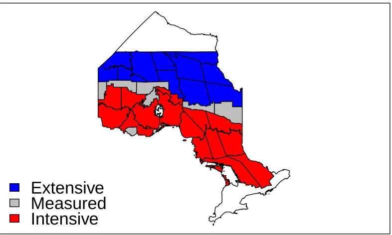 Figure 2.1: Ontario’s ﬁre management zones prior to 2004.