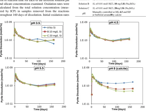 Figure 1 shows pyrite oxidation rates plotted as a func-tion of reaction time for each of the different solution pH and silicate concentrations examined