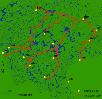 Figure 
  3: 
  Least-­‐cost 
  paths 
  between 
  Caracajou 
  peatland 
  and 
  each 
  of 
  the 
  twelve 
  other 
  sampled 
  peatlands 
  in 
  the 
  park