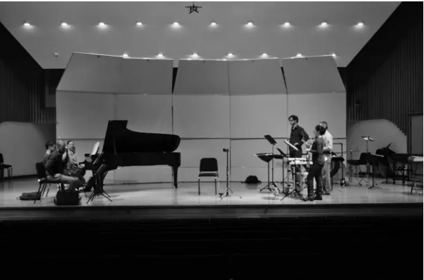 Figure 2.2: Physical arrangement of players used for Svensson's Two Sides. eighth blackbird shown here in rehearsal for the 2013 Ithaca College of Music performance