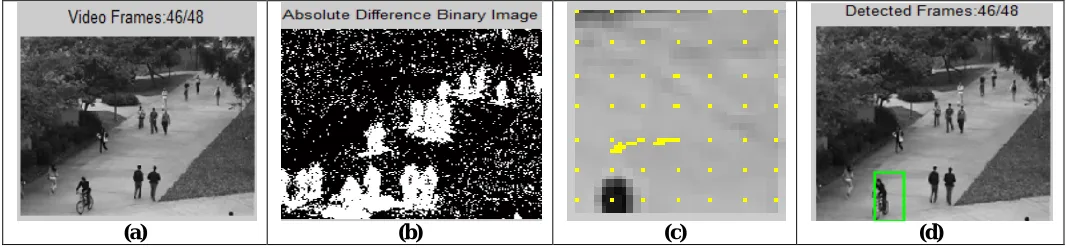 Figure 2: (a) Video Frames; (b) Absolute Difference Binary Image; (c) Activity Detected; (d) Detected Frames.
