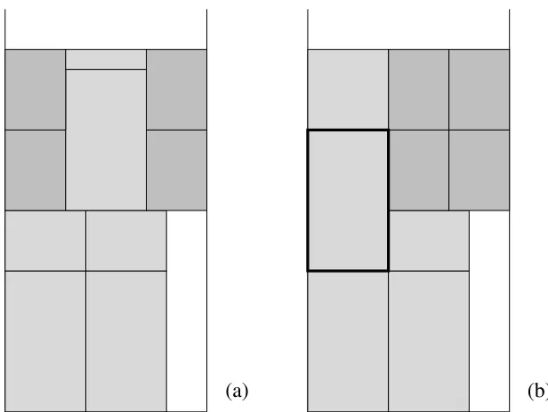 Figure 2.1: Two fractional solutions to the same problem. The horizontal ordering of therectangles does not matter, both solutions have the same height