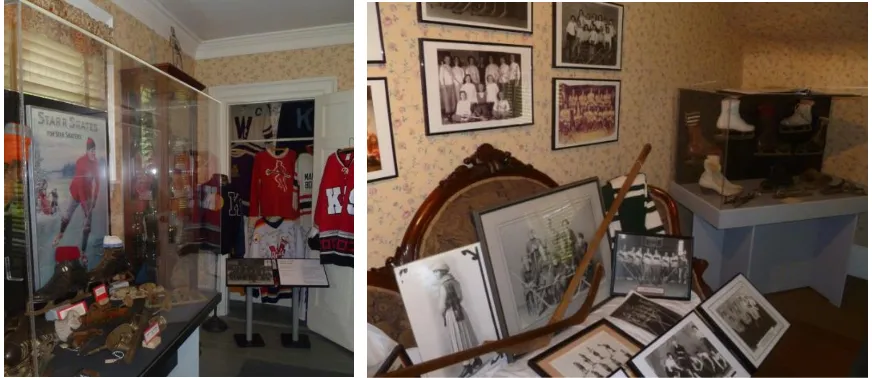 Figure 1.3: One of the displays in the hockey  Figure 1.4: A display in the hockey exhibition, showing a   loveseat covered in archival photographs