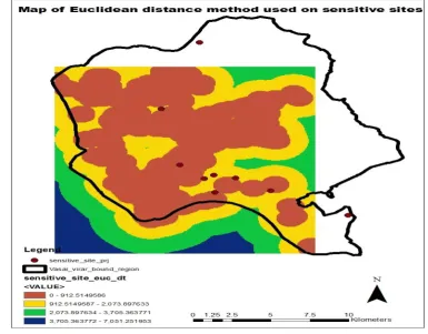 Fig. No.2: Map of Euclidean distance method used for sensitive sites. 