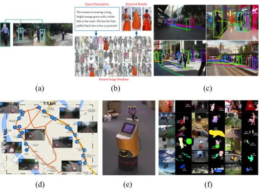 Figure 1.5: Examples of six applications that can benefit from person re-id: (a) Person search from the whole scene images [166], (b) Person search using natural language descriptions [69], (c) Pedestrian tracking [145], (d) Vehicle re-identification [87],