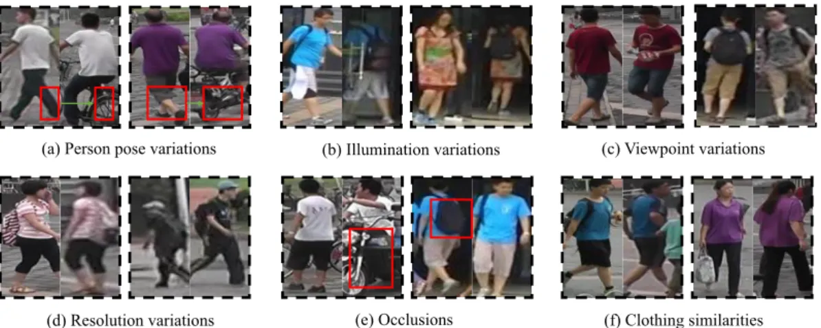 Figure 1.6: Examples of different kinds of intra- and inter-personal variations. In sub-figures (a)-(e), the images in the same bounding box contain the same person whilst in sub-figure (f), the images in the same bounding box refer to two different person