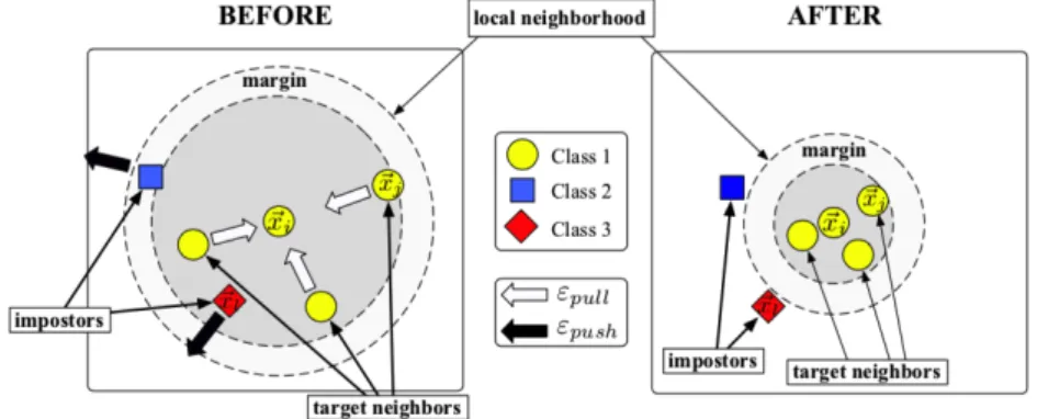 Figure 2.5: Illustration of training process in LMNN [163, 162]. Before training (Left), samples randomly locate in the space
