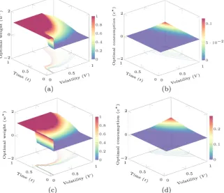 Figure 2. Impact the parameter r  on the optimal weight (w* ) and the optimal con-sumption (c ): (a) and (b): *r =10%; (c) and (d): r =5%