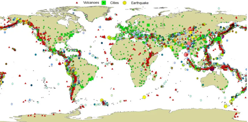 Figure 1.1: Simpliﬁed map presenting the location of major cities, earthquakes and volca-noes