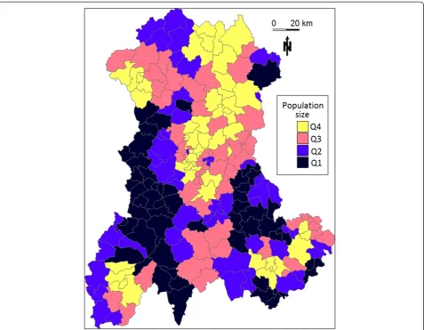 Figure 1 Size of the at-risk population for each cluster in the Auvergne region, as defined by mean number of live births per yearbetween 1999 and 2006 (source: INSEE)
