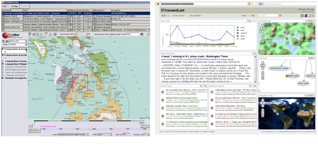 Figure 3. 1 Examples of space-time-and-topic-centric map-based visualizations: a) TimeMap interface (Zerneke et al
