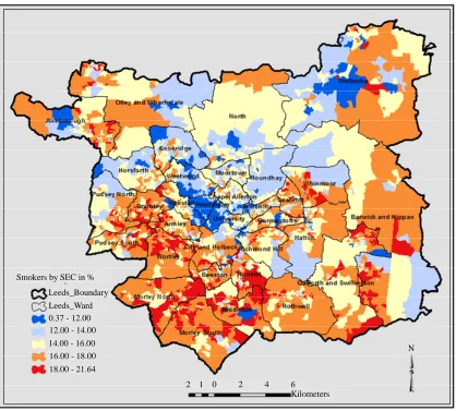 Figure 2. Smoking rate by socioeconomic class in Leeds output areas using 2009 GLS estimates