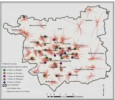Figure 6. Optimal location for 33 existing stop-smoking service centres. 