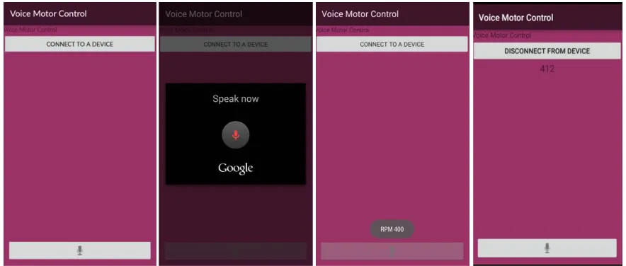 Fig 6: Android app screenshot for speed control of DC motor using android speech recognition via Bluetooth 