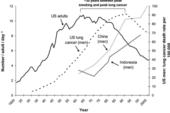 Fig. 3. Trends in cigarette consumption and male lung cancer rates, 1920-2005. The number of cigarettes consumed per adult (men are used as the appropriate denominator for cigarette smoking as few women currently smoke in Asia) and the age-standardised lung cancer rates are shown on the y-axes over time by country.