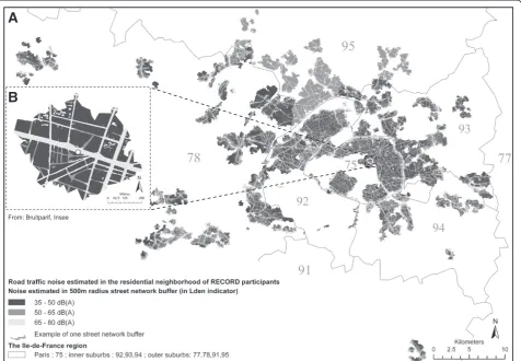 Figure 2 Distribution of road traffic noise estimated in the residential neighborhood for all RECORD participants (A) and for oneparticipant (B) in the Ile-de-France region.