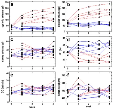 Figure 2.7:  Measured cardiac functional parameters tracking individual mice over the 5-week experiment
