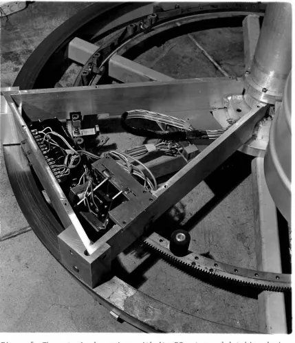 Figure 5 : The motorized carria ge with .Lts DC motor and latchi n g de.vice . The soleno id which disen gages the la t ching yoke and the "brake" switch which stops the motor , are clearly v isible 