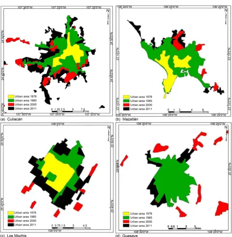 Figure 7. Urban growth of the main cities of the state of Sinaloa, Mexico. 